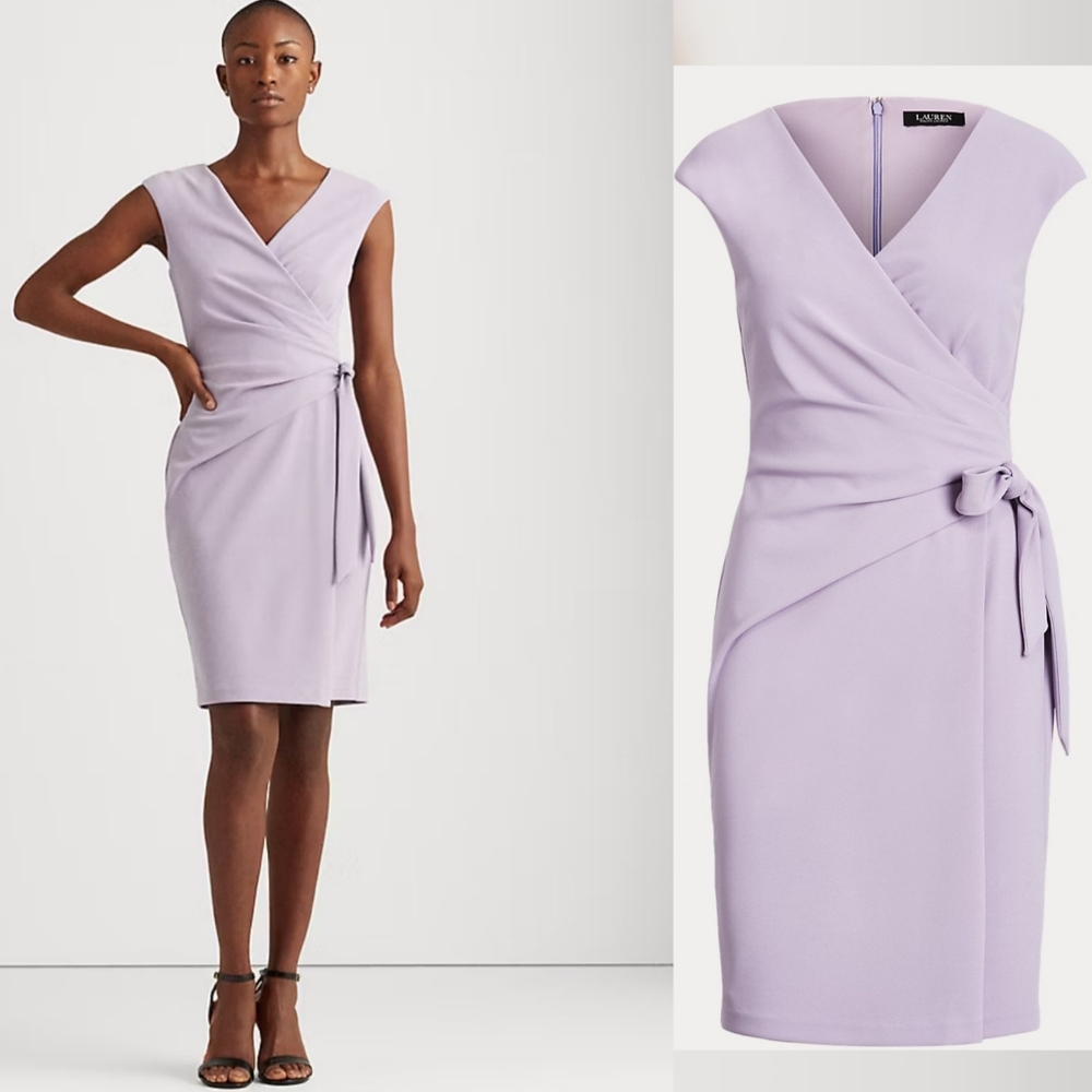 Lauren Ralph Lauren Ruched Faux Wrap Side Tie Zip Midi Dress